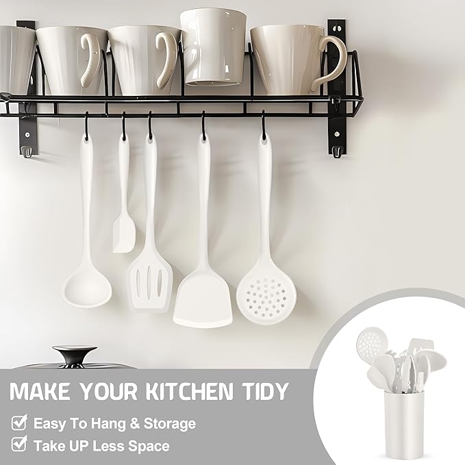 E-far Silicone Cooking Utensils Set, 25 Piece Kitchen Utensils with Holder, Non Toxic Kitchen Tools Spatula, Turner, Spoon, Ladle for Nonstick Cookware, Heat Resistant & Dishwasher Safe - White