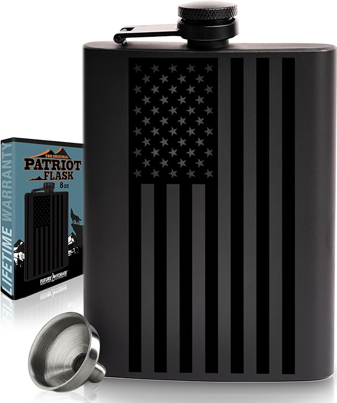 American Flag Liquor Flask - Perfect Holiday Gift for Men, Women, Fathers, or Hard to Shop for People - 304 Stainless Steel Hip Flask (Matte Black, Bonus Funnel, 8 Ounces)