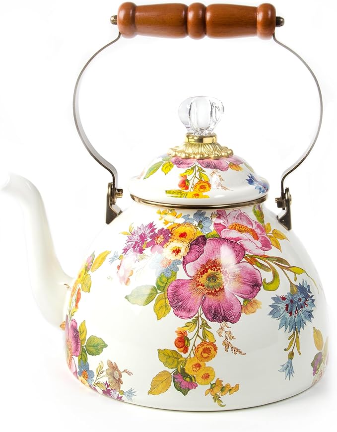 MACKENZIE-CHILDS Enamel Tea Kettle, Stylish Tea Kettle for Stovetop, White Flower Market, 3 Quarts