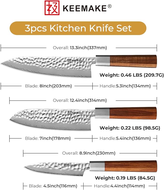 KEEMAKE Kitchen Knife Set 3-pcs - Chef Knife Set with 3-layer Japanese 9CR18MOV Clad Steel Blade, Sharp Knives Set for Kitchen with Octagon Rosewood Handle Kitchen Knives