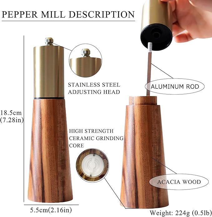 Salt and Pepper Grinder Set, Acacia Wooden Pepper Grinder with Adjustable Coarseness, Refillable Ceramic Blade Grind,Gold Pepper Mill for Kitchen, Enjoy Fresh Ground Pepper Salt with Spice