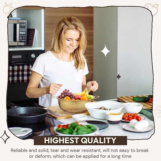 Baderke 1 Pcs 3 Quart Stainless Steel Gold Colander and 3 Pcs Fine Mesh Strainer with Handles Gold Kitchen Accessories for Kitchen Draining Rinsing Serving Food Pasta Rice Vegetables