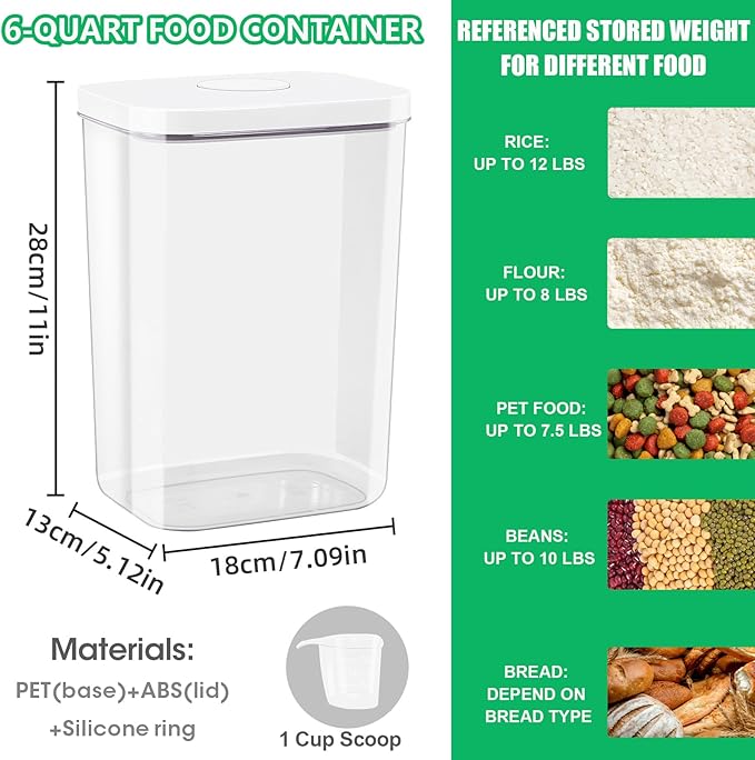 Airtight Flour Rice Storage Container with Pop-up Lid - 6 Qt | 11 Lbs Crystal-Clear Plastic Bread Container, Tall and Slim Storage Bin Fit for Kitchen Pantry Organization