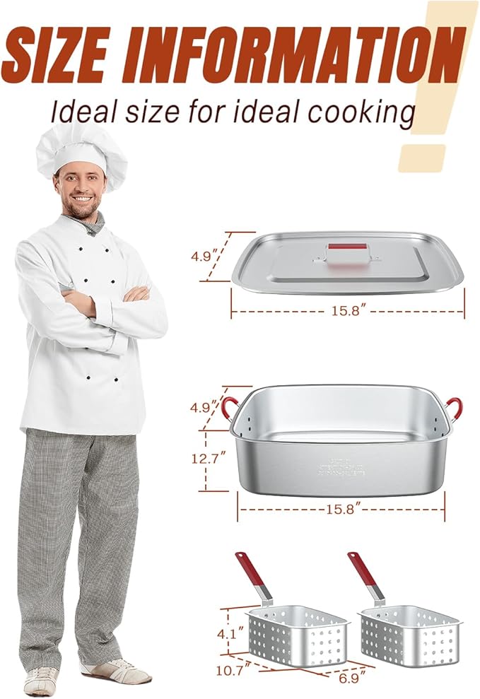 Deep Fryer Pot 18QT | Fish Fryer Pot with 2*9QT Baskets | Heat-Resistant Silicone Handles | Lid & Fryer Tong & Thermometer | Outdoor Fryer Pot for Frying Fish, French Fries, Chicken Wings | Aluminum