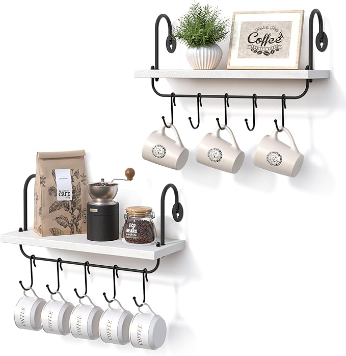 Olakee Floating Wall Shelves for Kitchen Bathroom Coffee Nook with 10 Adjustable Hooks for Mugs Cooking Utensils or Towel Rustic Storage Shelves Set of 2/17x5.9 inch (White)