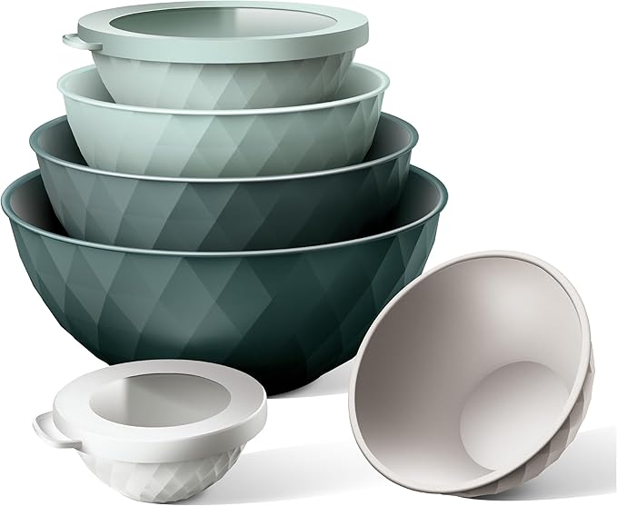 COOK WITH COLOR Mixing Bowls with Lids - 12 Piece Plastic Nesting Bowls Set includes 6 Prep Bowls and 6 Lids, Diamond Design - Microwave Safe (Mint)