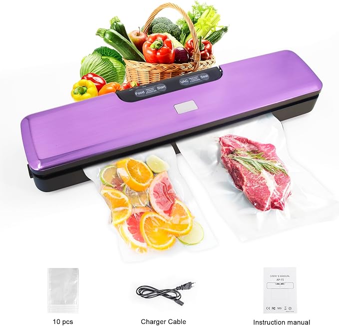 Flyfox Vacuum Sealer Machine - Strong, Multi-functional, and Fast Compact for Multi Food Storage with Low Noise, includes Vac, Sealer, Meat, Dry, Soft, 5 Modes with Vacuum Seal Bags, Purple