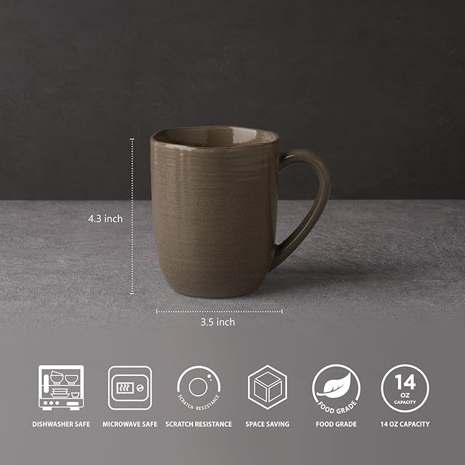 famiware Tempus Coffee Mugs Set of 4, 14 oz Coffee Cup Set, Stoneware Mugs with Handle for Coffee, Tea, Cocoa, Milk, Cappuccino, Microwave Safe - Dark Olive