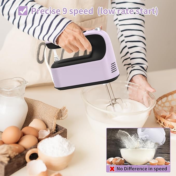 9-Speed Digital Hand Mixer Electric, 400W Powerful DC Motor, Baking Mixer Handheld with Snap-On Storage Case, 5 Stainless Steel Accessories, Flat Beaters, Dough Hooks, Whisk (Purple&Black)