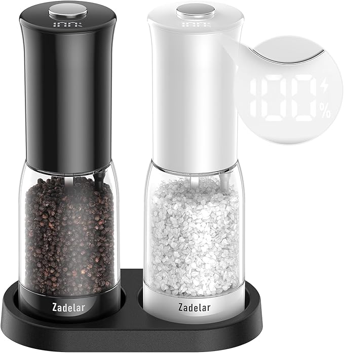 Salt and Pepper Grinder Set with LED Power Display Larger Capacity Salt and Pepper Shakers Set Rechargeable Electric with Flexible Coarsenes LED Light One Hand Operation for Kitchen(White+Black)