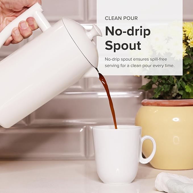 Frieling Double-Walled French Press Coffee Maker - Stainless Steel Coffee Maker with Reusable Filter (34 Fl Oz, White)