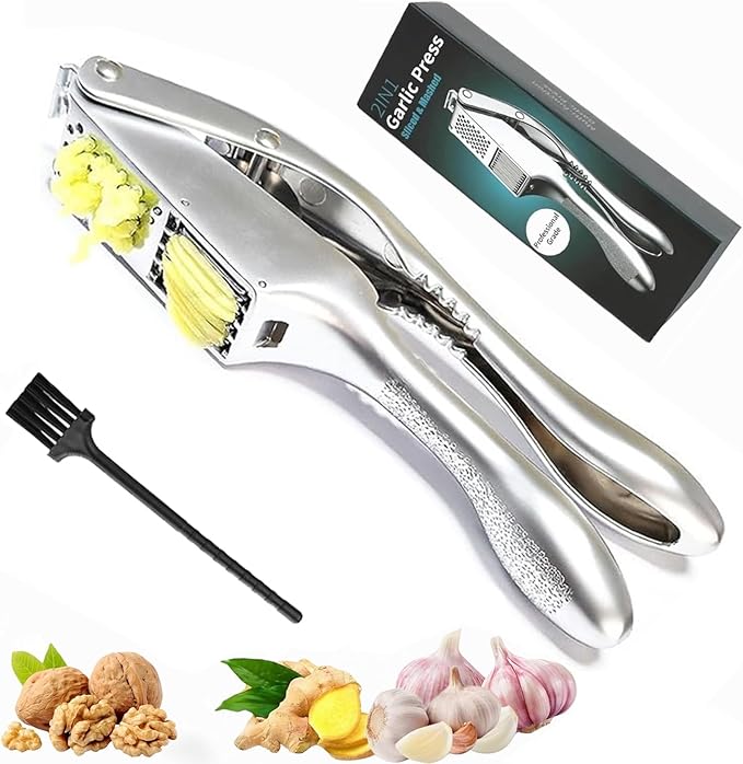 Garlic Press and Slicer 2 in 1, Rust Proof & Dishwasher Safe Professional Garlic Mincer Tool, Effortlessly Crush and Mince Garlic with this Ergonomic Handle-Garlic Slicer & Brush ANCQMI(Pear white)