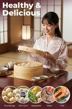 Prime Home Direct Bamboo Steamer Basket 10-Inch | 2-Tier Steamer for Cooking | 50 Liners, Chopsticks, Sauce Dish | Steaming Asian Food, Bao Buns, Chinese, Dim Sum, Dumpling, Rice, Vegetable Steam Pot