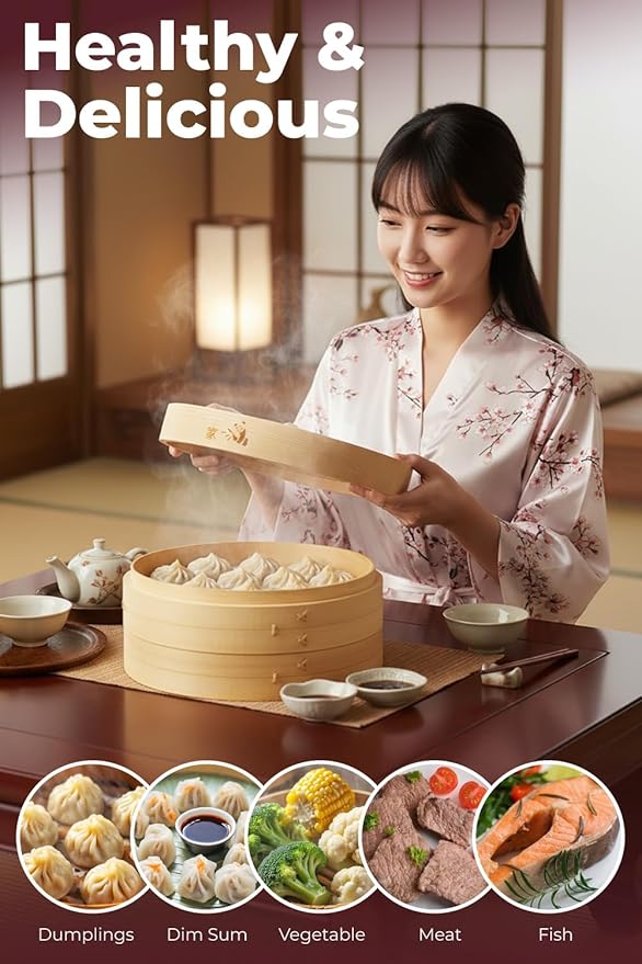 Prime Home Direct Bamboo Steamer Basket 10-Inch | 2-Tier Steamer for Cooking | 50 Liners, Chopsticks, Sauce Dish | Steaming Asian Food, Bao Buns, Chinese, Dim Sum, Dumpling, Rice, Vegetable Steam Pot