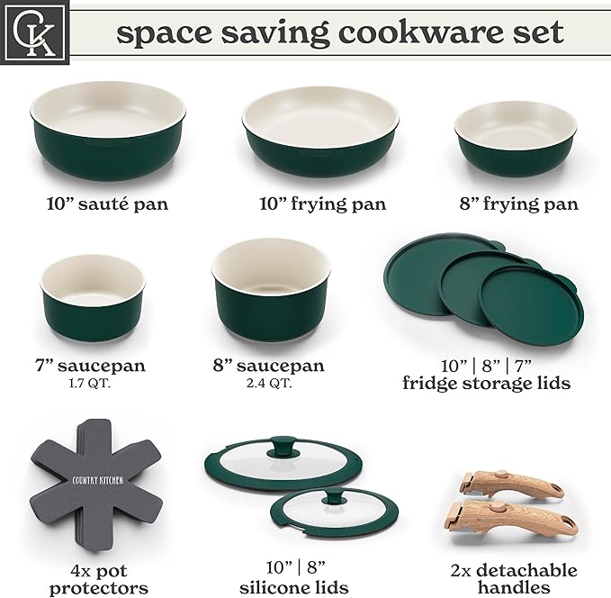 Country Kitchen Cookware Set with Removable Handle, Oven & RV Safe Pots and Pans Set, Sage Wood Handle, Original