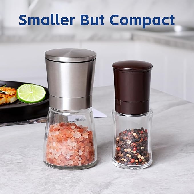Vzaahu Salt and Pepper Grinder Set Brown, Refillable Small Shakers, Adjustable Coarseness, Ceramic Burr, Peppermill, Kitchen Cooking