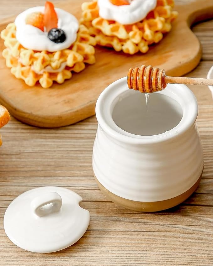 glowworm 12 Ounce Honey Jar with Dipper, Ceramic Honey Container for Home, Kitchen, Farmhouse Housewarming Gift, Dishwasher Safe, White