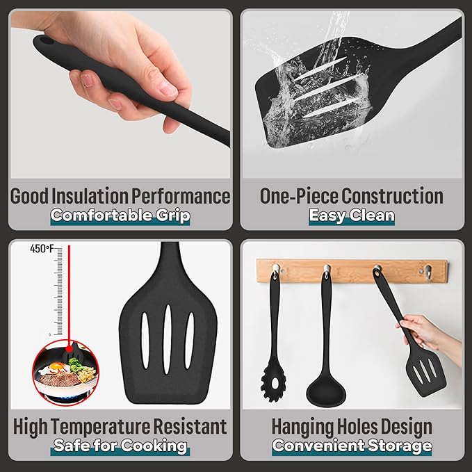 E-far Silicone Cooking Utensils Set, 7-Piece Black Heat Resistant Kitchen Utensils Set, Kitchen Nonstick Tools Spatula Ladle Spoon Pasta Server for Non-stick Cookware, Non-Toxic & Dishwasher safe