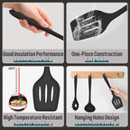 E-far Silicone Cooking Utensils Set, 7-Piece Black Heat Resistant Kitchen Utensils Set, Kitchen Nonstick Tools Spatula Ladle Spoon Pasta Server for Non-stick Cookware, Non-Toxic & Dishwasher safe