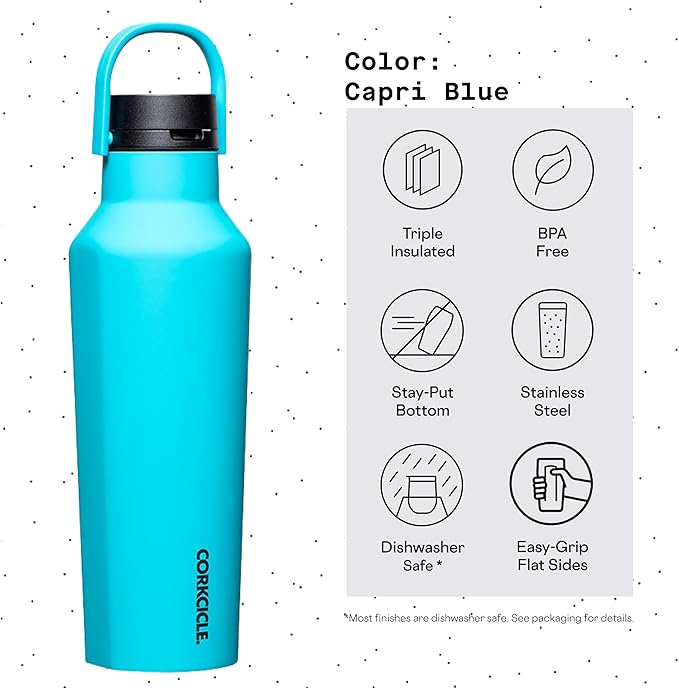 Corkcicle Sport Canteen - Keeps Drinks Cold 25 Hours - Stainless Steel Water Bottle - Triple-Insulated - Spill-Proof - Summer Drinkware Gift - Keeps Drinks Ice Cold - 20 oz - Capri Blue