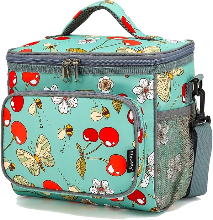 FlowFly Insulated Reusable Lunch Bag Adult Large Lunch Box for Women and Men with Adjustable Shoulder Strap,Front Zipper Pocket and Dual Large Mesh Side Pockets,Cherry