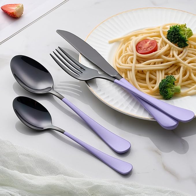 20-Pieces Purple and Black Silverware Sets for 4,Purple Handle Stainless Steel Cutlery Set, Include Forks Spoons and Knives Set, Dishwasher Safe Utensil Sets for Home Restaurant