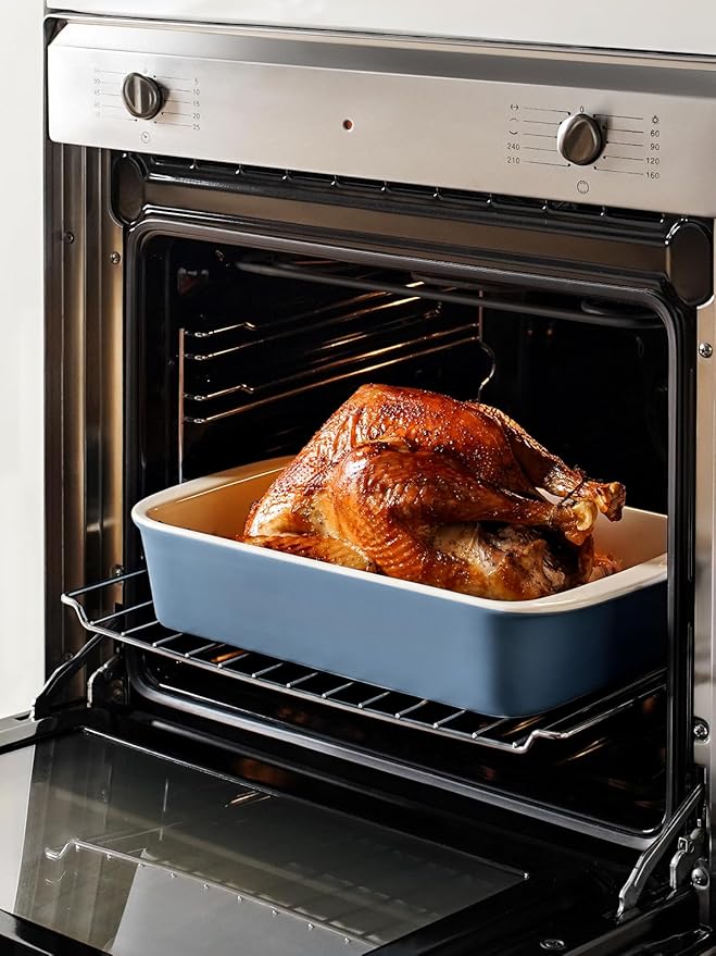 LE TAUCI Deep Casserole Dishes for Oven, 13.7”x9.6” Ceramic Baking Dish Set with Roasting Racks, Large Lasagna Pans with Handles, Rectangular Bakeware as Gift for Mom, Dusty Blue (4.6QT/3.0QT/1.6QT), Set of 3