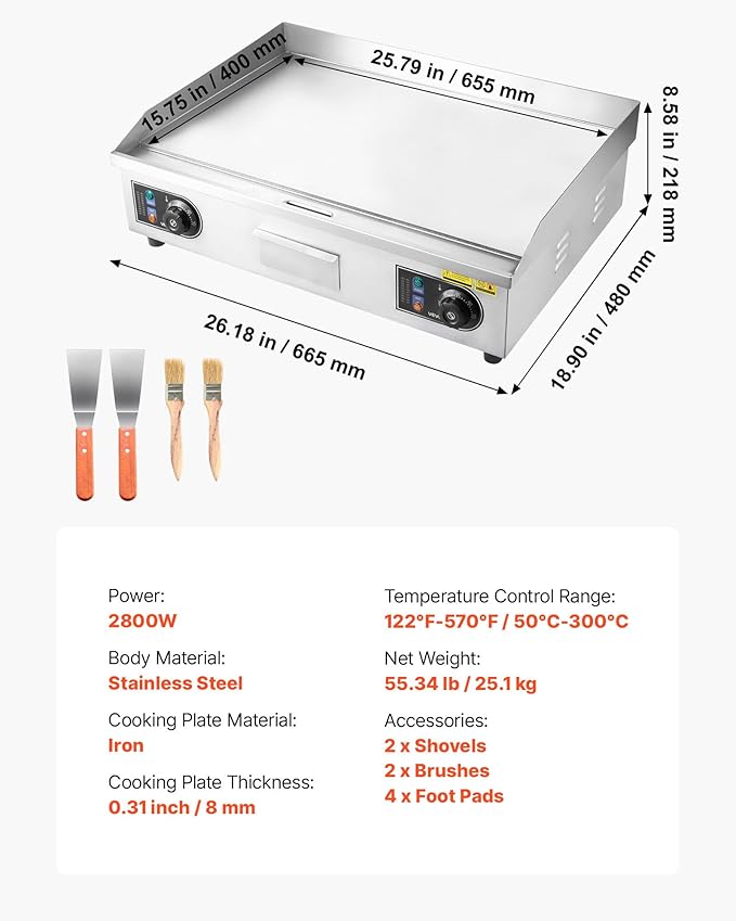 VEVOR Commercial Electric Griddle, 25.79 x 15.75 inch, 2800W, 122-570°F Adjustable Temp Control, Stainless Steel Body, Full Flat, with 2 Spatulas, 2 Brushes, and 4 Foot Pads, for Steak, Pancake