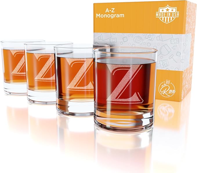 Monogrammed Gifts for Men - 4PC 11 Oz Custom Whiskey Glasses (Z-Monogram) - Engraved Whiskey Glasses - Personalized Whiskey Glasses - Unique Bourbon Glasses - Personalized Glass Gifts for Dad