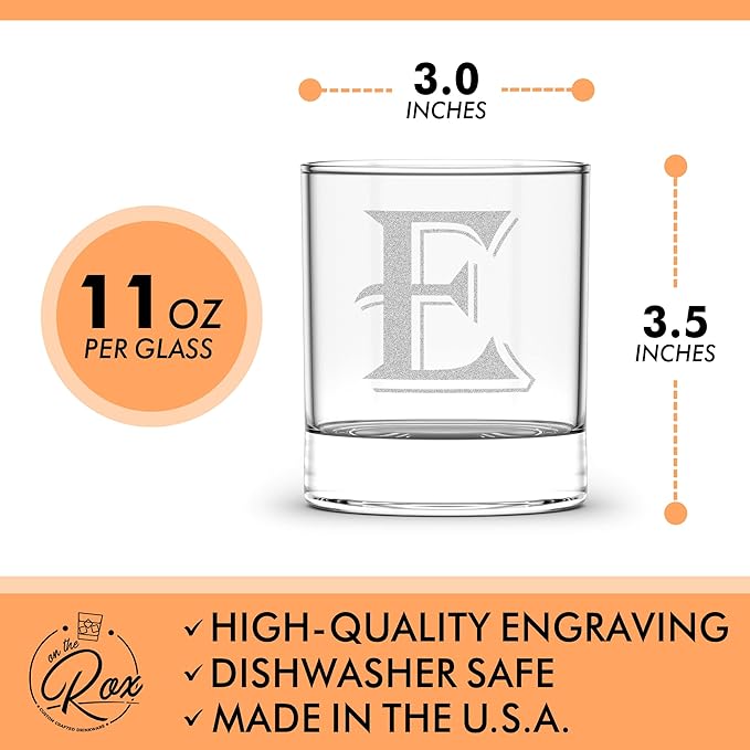 (E-Monogram)- 4 Piece Set of 11 Ounce Engraved Heavy Base Rocks Glasses Elegant Glass-Multi-Purpose Beverage-Rocks Glass- Gift for any Occasion- By: On The Rox