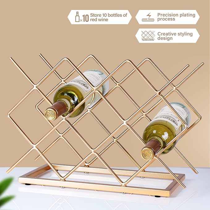 Countertop Wine Rack - 10 Bottle Freestanding Modern Gold Metal Small Wine Rack - Tabletop Wine Holder Stand for Cabinet, Pantry, Wine Bottle Storag…