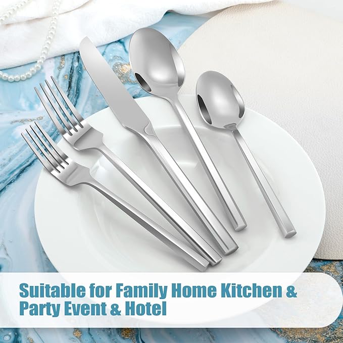 DEACORY Silverware Set Flatware Set Stainless Steel Cutlery Set Silver Mirror Finished Hexagon Handle 5 Pieces Service for 1