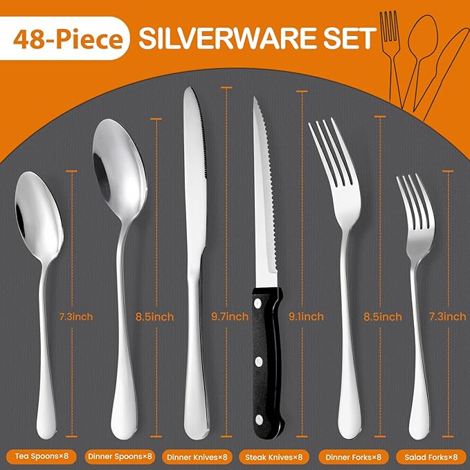 49 Piece Silverware Set with Organizer - Stainless Steel Cutlery Set for 8, White Elephant Christmas Gifts kitchen Utensil Flatware with Steak Knives, Spoons and Forks, Dishwasher Safe, Rust-proof