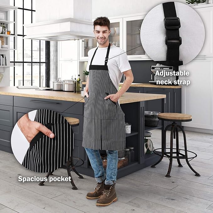 HOMWE Adjustable Bib Cotton Aprons - Adjustable Neck Strap with Extra Long Ties with 2 Pockets for Cooking, Commercial Grade Water Resistant Apron for Women & Men - Black/White Pinstripe 33x27 Inches