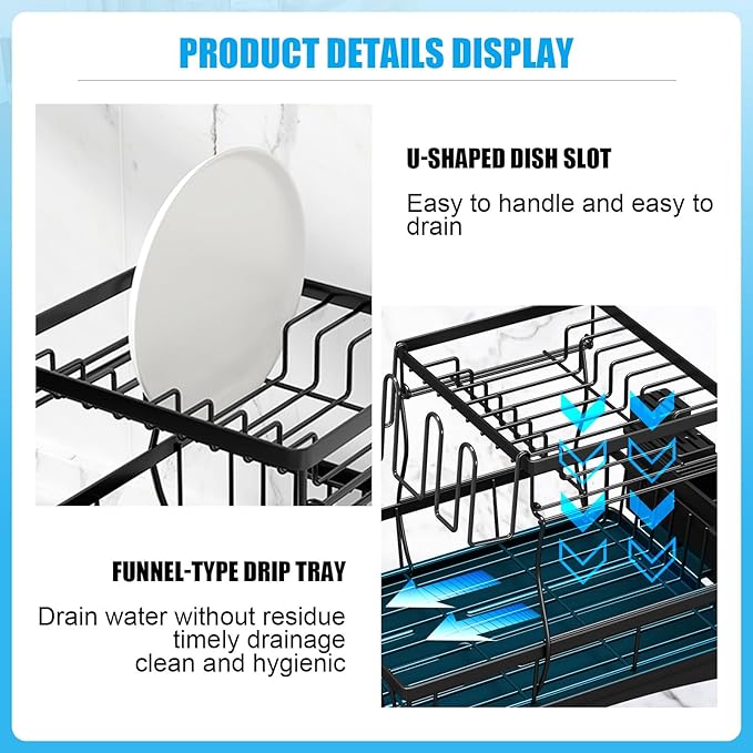 7 code Large Dish Drying Rack for Kitchen Counter, Detachable Large Capacity Dish Drainer Organizer, 2-Tier Dish Racks with Utensil Holder, Black
