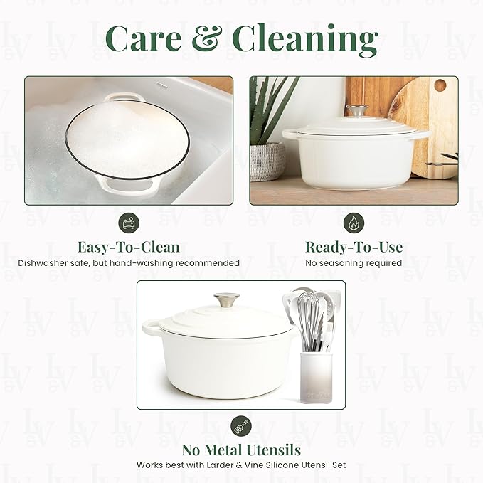 Larder & Vine Enameled Cast Iron 5.7qt Dutch Oven Pot with Lid | Bread Baking | Compatible on All Cooktops & Oven Safe to 500° F | Great for Sourdough Bread | White