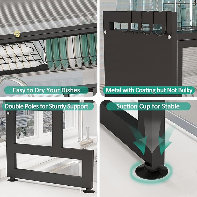 bukfen Dish Drying Rack, Over The Sink Dish Drainer Drying Rack 2 Tier Dish Rack with Cover for Kitchen (Black, Large 37.40 Length)