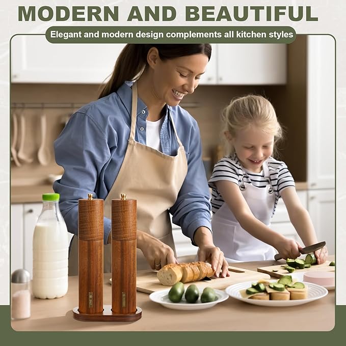 Wooden Salt and Pepper Grinder Set 11.8 Inch Manual Salt and Pepper Mill with Tray Adjustable Coarseness and Refillable Wood Grinders with Gold Bottle Label for Kitchen(Wood Color)