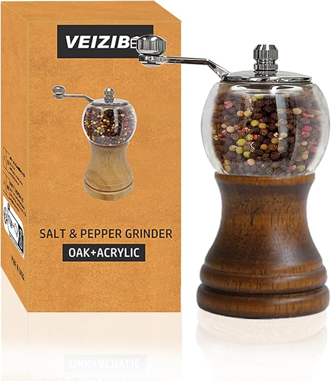 Manual Pepper Mill Acrylic Hand Crank Salt & Peppercorn Grinder Rustic Wooden Pepper Shaker with Adjustable Coarseness Ceramic Core, Metal Handle (Walnut color 1pcs-5in)