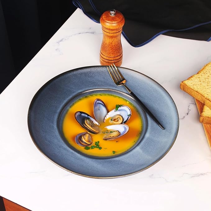 Pasta Plates with Rim 14 oz, Soup Bowl Pasta Bowl Set of 2, Shallow Bowl Plate, Ceramic Wide Rimmed Soup Bowl, Best choice for high-end restaurants, hotels, and foodies,11 Inch Blue