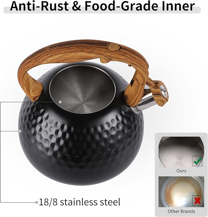 LONFFERY Tea Kettle for Stove Top, 3 Quart Whistling Tea Kettle, with Food Grade Stainless Steel and Wood Pattern Folding Handle, Black