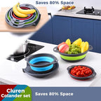Collapsible Colander Set with Universal Draining Tray | 3-Pack Foldable Kitchen Strainers + Base | Space Saving for Pasta, Veggies, Fruit & Rice | 5 Colors (Gray-Blue-Red-Green)