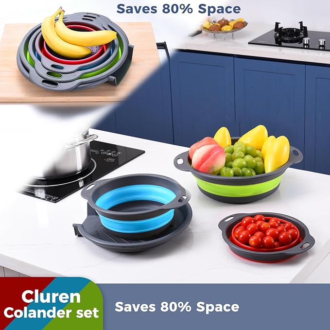Collapsible Colander Set with Universal Draining Tray | 3-Pack Foldable Kitchen Strainers + Base | Space Saving for Pasta, Veggies, Fruit & Rice | 5 Colors (Gray-Blue-Red-Green)
