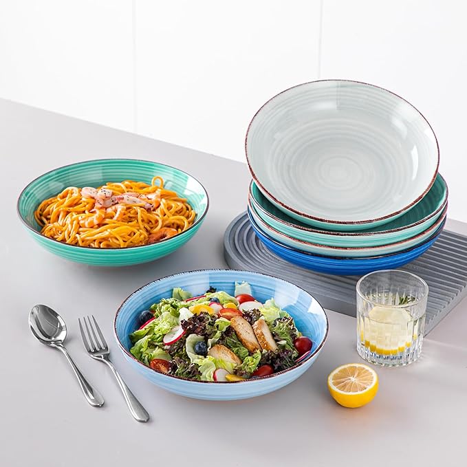vancasso Bonita Pasta Bowls Set of 6, 50oz Large Salad Bowls for Kitchen, Stoneware Serving Bowls Dishwasher & Microwave Safe, Blue Bowl Set