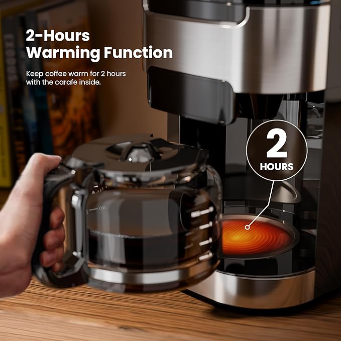 Kismile 10-Cup Digital Drip Coffee Maker with Built-In Grinder, 12-Hour Timer, Programmable, 1.5L Water Tank, Keep-Warm Function, Combo Brewer and Grinder for Home & Office Use