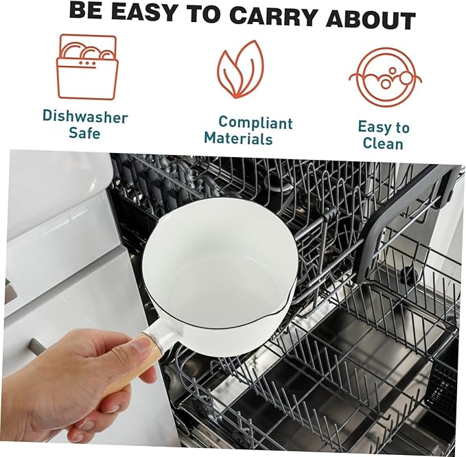 Cabilock Small Enamel Pot: 3 Inch Milk Warmer Pan with Dual Pour Spout, Butter Melting Pot Milk with Wooden Handle, Dishwasher Safe White Soup Saucepan Pan