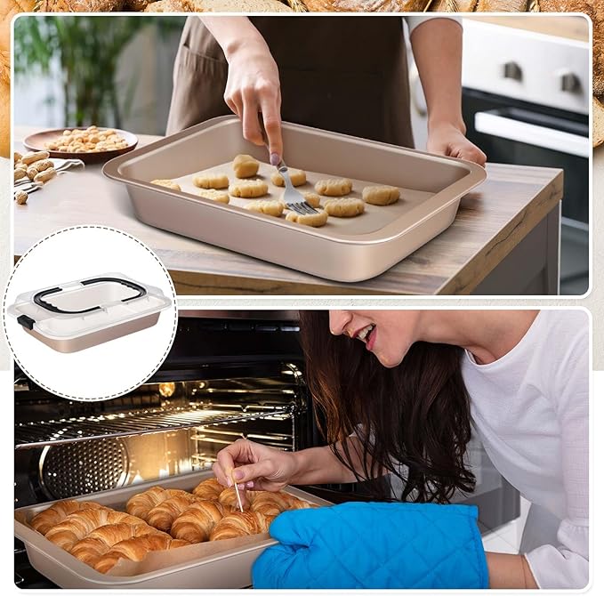 2 Pcs Cake Baking Pan with Lid and Handle, 9 x 13 Inch Non-stick Rectangle Sheet Cake Pan Carrier for Brownie Roasting Cooking Baking (Gold)