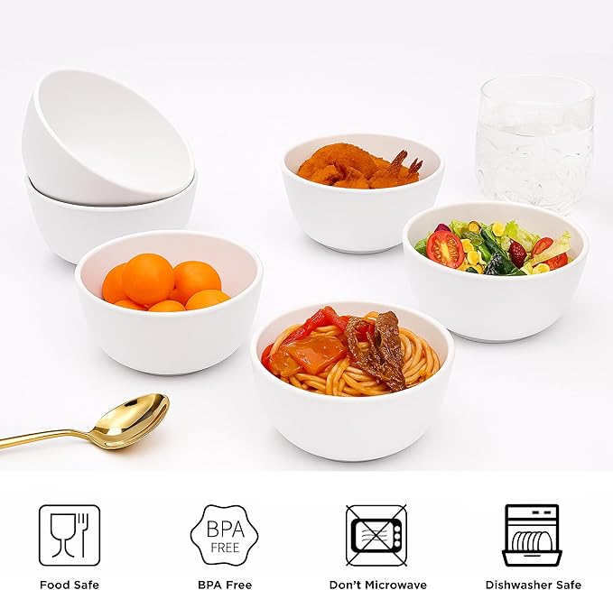 TP 10 Ounce Bowl Set of 6, 4.5" Melamine Small Bowls for Appetizer Snacks Ice Cream Dipping Sauce Side Dish, Unbreakbale and Lightweight, White