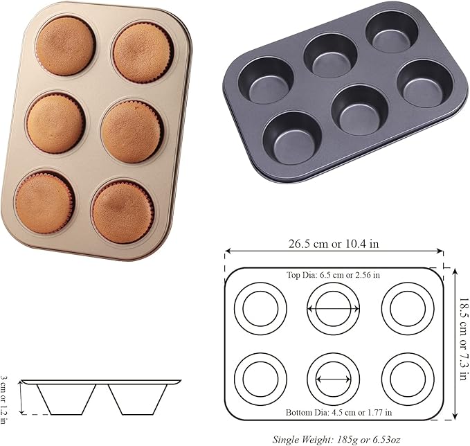 Muffin Tins 6-Cups Nonstick Carbon Steel Standard Cupcake Pans, Set of 2