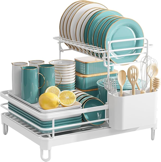 Dish Drying Rack - X-Large Stainless Steel Dish Rack for Kitchen Counter, 2-Tier Kitchen Organizers and Storage for Dishes, Bowls, Cutlery, White